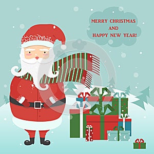 Jolly cartoon Santa Clause, winter forest background, Christmas