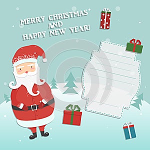 Jolly cartoon Santa Clause, winter forest background, Christmas