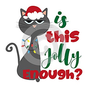 Is this jolly enough?- funny phrase for Christmas with cute cat in Santa`s cap