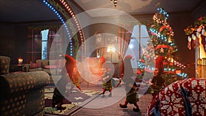 Jolly magical elves dancing on Christmas Day in the house of Santa Claus. Christmas and New Year& x27;s Eve