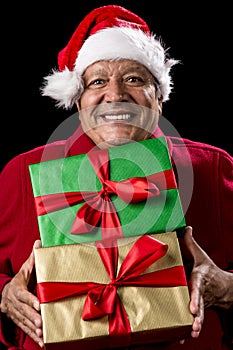 Jolly Male Pensioner In Red With Two Wrapped Gifts