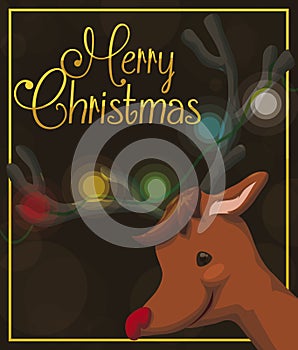 Jolly Reindeer with Lights in its Horns Celebrating Christmas Event, Vector Illustration
