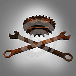 Jolly rodger made of rusty wrenches and gearwheels, fallout post apocalyptic style mechanic emblem render side view