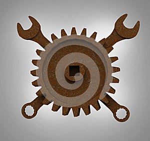 Jolly rodger made of rusty wrenches and gearwheels, fallout post apocalyptic style mechanic emblem render side view