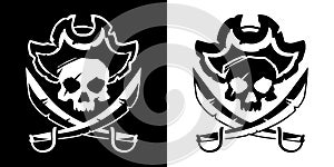 Jolly Roger skull in a hat and crossed swords symbol vector