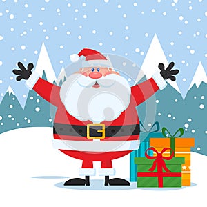 Jolly Santa Claus Cartoon Mascot Character With Open Arms And Gifts Boxes