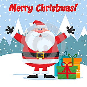 Jolly Santa Claus Cartoon Mascot Character With Open Arms And Gifts Boxes