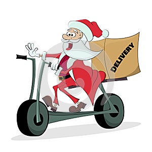 Jolly Santa Claus delivers a parcel on a scooter. The concept of fast modern delivery.