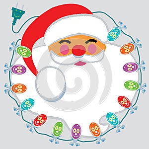 Jolly Santa Claus face surrounded by happy lights