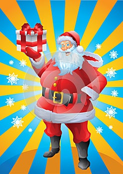 Jolly Santa claus holding christmas present sun rays background