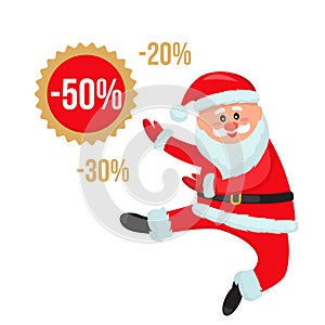 Jolly Santa Claus is jumping with joy from the Christmas sale