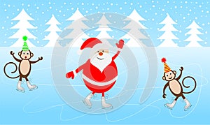 Jolly Santa Claus and two monkeys skate on the ice