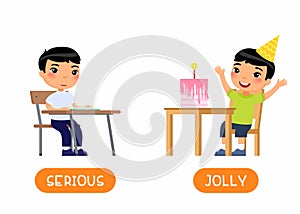 JOLLY and SERIOUS antonyms word card vector template. Opposites concept.