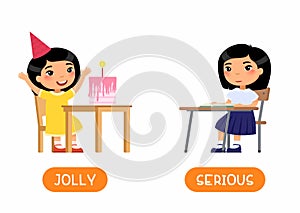 JOLLY and SERIOUS antonyms word card vector template. Opposites concept
