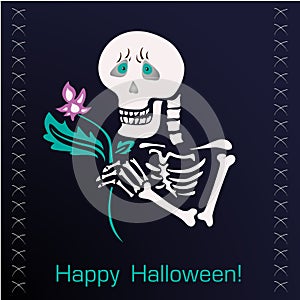 Jolly skeleton with a flower on dark background.
