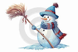 Jolly snowman clip art with a broomstick