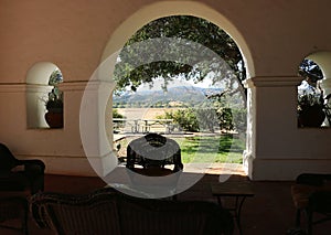 Jolon, California, USA - 20 Oct 2023: Patio with a beautiful view, Hearst Hacienda Hotel.