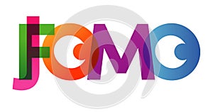 JOMO FOMO word vector illustration. Joy Fear Of Missing Out. Colored rainbow text. Vector banner. Corporate concept
