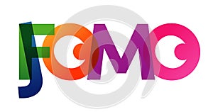 JOMO FOMO word vector illustration. Joy Fear Of Missing Out. Colored rainbow text. Vector banner. Corporate concept