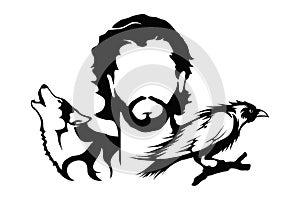 Jon Snow with a wolf and raven illustration. Game of thrones.