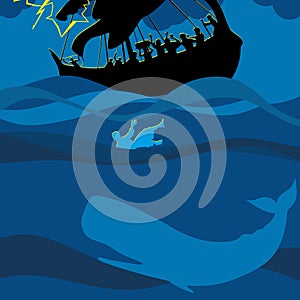 Jonah and the whale. Silhouette, hand drawn.