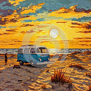 Jones Beach Sunset With Blue Volkswagen Bus In Mosaic Realism Style