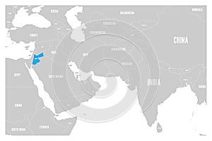 Jordan blue marked in political map of South Asia and Middle East. Simple flat vector map