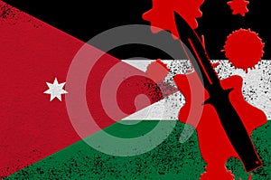 Jordan flag and black tactical knife in red blood. Concept for terror attack or military operations with lethal outcome