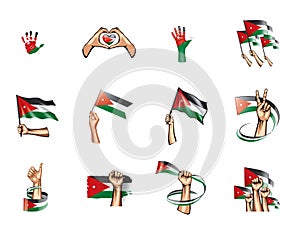 Jordan flag and hand on white background. Vector illustration