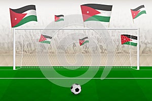 Jordan football team fans with flags of Jordan cheering on stadium, penalty kick concept in a soccer match