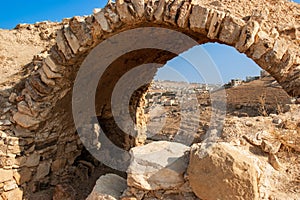 Jordan. Iinterior buildings in front of fortress Crusader castle El-Karak. Impregnable fortress of El-Karak