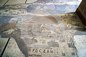 Jordan. Madaba, biblical Medeba - St. George`s Church. Fragment of the oldest floor mosaic map of the Holy Land - the