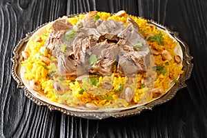 Jordan National Dish Mansaf made of lamb meat Jameed yogurt, rice closeup in the plate. horizontal photo
