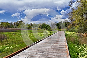 Jordan River Parkway Trail, Redwood Trailhead bordering the Legacy Parkway Trail, panorama views with surrounding trees and silt f photo