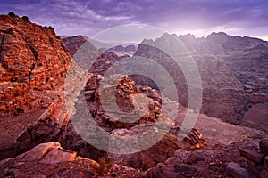 Jordan rock mountain landsce Red rock hills. Petra historical sight - Ad Deir Monastery during the night. Evening light in nature