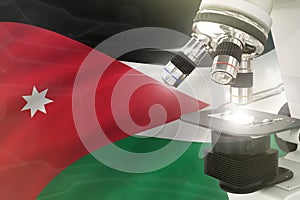 Jordan science development concept - microscope on flag background. Research in medicine or healthcare 3D illustration of object