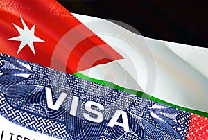 Jordan Visa Document, with Jordan flag in background. Jordan flag with Close up text VISA on USA visa stamp in passport,3D