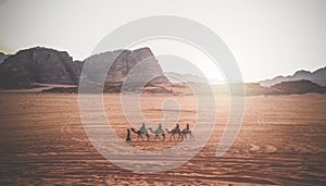 Jordan, Wadi Rum. Caravan of camels with drovers in the desert, rock mountains at sunset