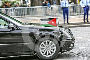 Jordanian Diplomatic car during Military parade (Defile) in Republic Day (Bastille Day). Champs Ely