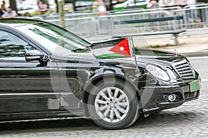 Jordanian Diplomatic car during Military parade (Defile) in Republic Day (Bastille Day). Champs Ely