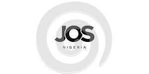 Jos in the Nigeria emblem. The design features a geometric style, vector illustration with bold typography in a modern font. The photo