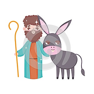 Joseph and donkey manger nativity, merry christmas