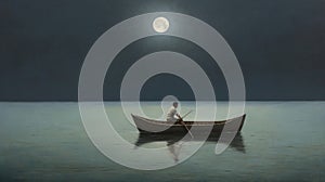 Joseph Rowing In Moonlight: Baroque Minimalism Painting