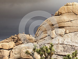 Joshua Tree National Park large rock formation with two people on top