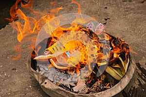 Joss paper burn in fire in Chinese Ghost Festival