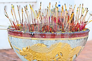 Joss-sticks on joss pot with yellow dragon