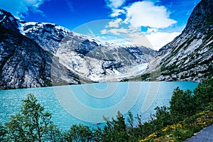 Jostedal glacier in Norway, fiord, forest photo