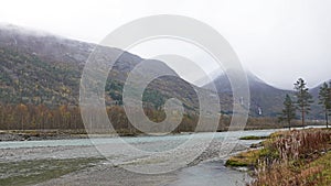 Jostedal river and mountains in Autumn in Norway