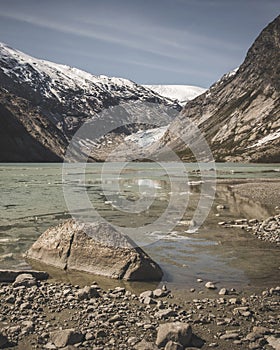 Jostedalsbreen National Park. Glacier Nigardsbreen, near the village of Gaupne in the Jostedalen Valley, Norway, Europe.Natural la