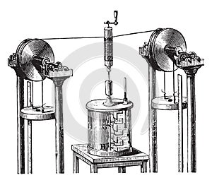 Joule apparatus for determining the mechanical equivalent of heat, vintage engraving photo